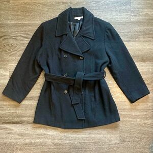 Jason Kole black wool double breasted belted jacket in size large
